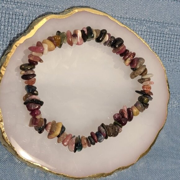 Tourmaline Chip Bracelet | Multi-Color Gemstone Stretch Boho Healing Jewelry - Picture 3 of 9